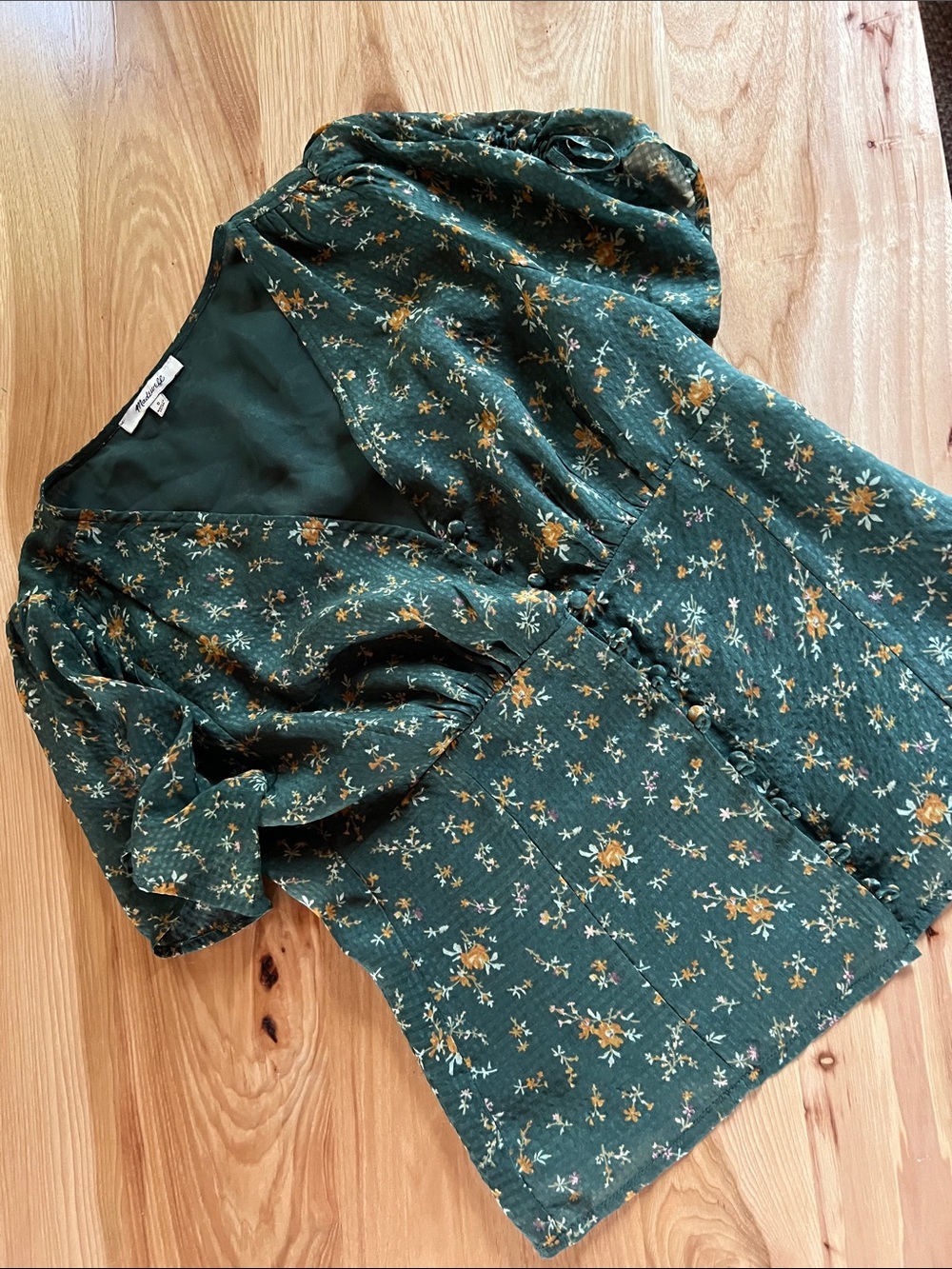 Madewell Green Floral Button V-Neck Blouse